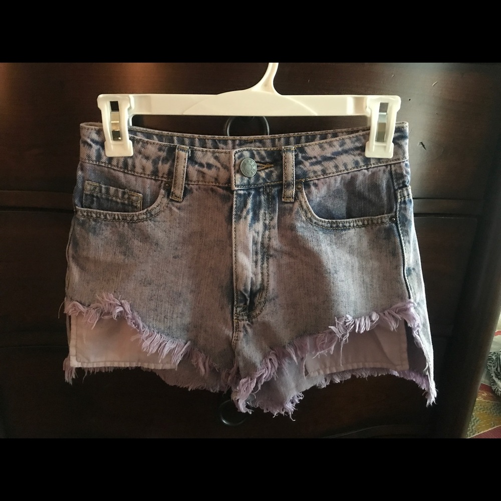 purple distressed high rise denim shorts